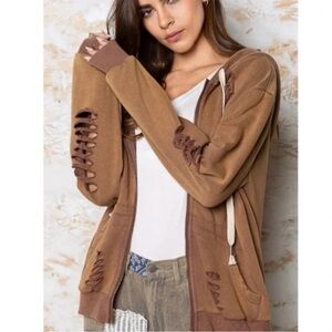 POL Brown Distressed Zip-Up Hoodie